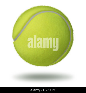 Tennis ball floating on a white background as a leisure individual racket sport played on a court as a rubber hollow sphere with a yellow green felt texture. Stock Photo