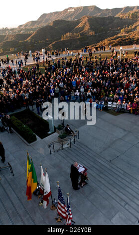 Jan. 15, 2013 - Los Angeles, California, US - A crowd of several hundred people gather at the Griffith Observatory for the late afternoon memorial tribute to Huell Howser, beloved television personality who died of cancer in his Palm Springs home on Jan. 6 at age 67.  The host of several long-running travel shows on PBS, including 'California's Gold, Howser was legendary for his unabashed enthusiasm for his story subjects and the easy rapport he had with those he interviewed.(Credit Image: © Brian Cahn/ZUMAPRESS.com) Stock Photo