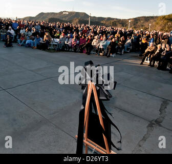 Jan. 15, 2013 - Los Angeles, California, US - A crowd of several hundred people gather at the Griffith Observatory for the late afternoon memorial tribute to Huell Howser, beloved television personality who died of cancer in his Palm Springs home on Jan. 6 at age 67.  The host of several long-running travel shows on PBS, including 'California's Gold, Howser was legendary for his unabashed enthusiasm for his story subjects and the easy rapport he had with those he interviewed.(Credit Image: © Brian Cahn/ZUMAPRESS.com) Stock Photo