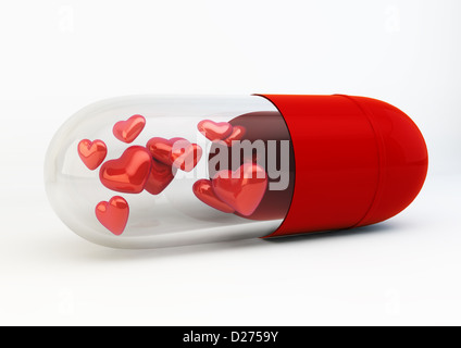 Red Love Pills inside capsule 3d Illustration isolated on white background Stock Photo