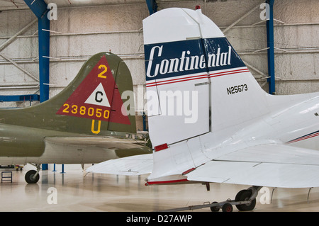 Tail sections of Douglas DC-3A Dakota airliner and Boeing B-17G Flying Fortress bomber, Lone Star Flight Museum, Galveston Texas Stock Photo