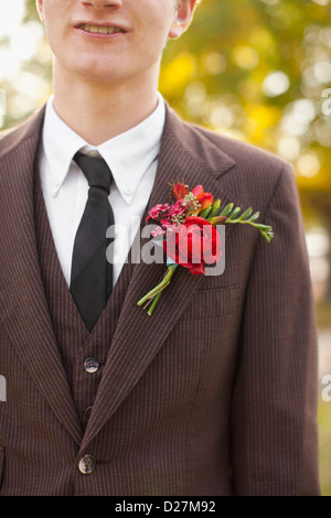 USA, Utah, Provo, Mid section of groom wearing full suit decorated with boutonniere Stock Photo