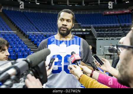 London, UK. 16th January 2013. New York Knicks forward Rasheed Wallace (36) talks to the media during team practice ahead of the NBA London Live 2013 game between the Detroit Pistons and the New York Knicks from The O2 Arena Stock Photo