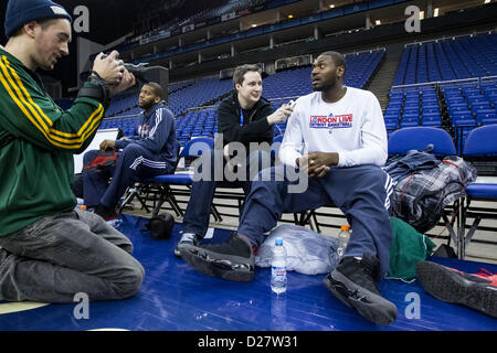 London, UK. 16th January 2013. Detroit Pistons forward Jason Maxiell (54) talks to the media during team practice ahead of the NBA London Live 2013 game between the Detroit Pistons and the New York Knicks from The O2 Arena Stock Photo