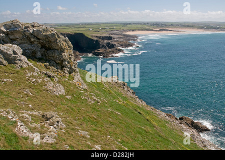 View from Dinas Head towards  Constantine Bay and Boobys Bay on the north Cornwall coast Stock Photo