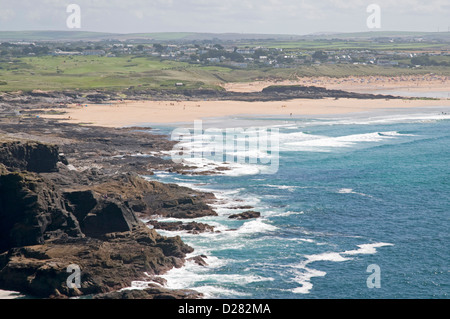 View southeastwards from Dinas Head towards  Constantine Bay and Boobys Bay on the north Cornwall coast Stock Photo