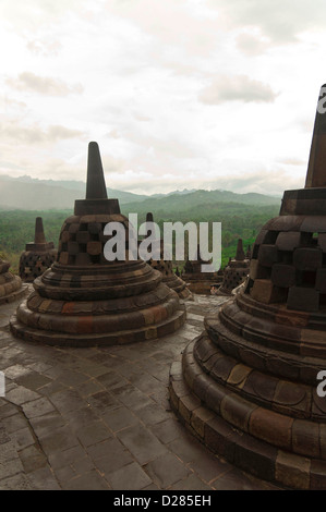Stupas and Buddhas of Borobudur, Java, Indonesia Stock Photo