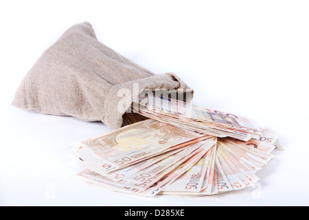 Euro notes out of a money bag over white background Stock Photo