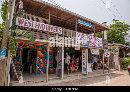 Central America, Honduras, Roatan, West End Village, dive store and restaurant Stock Photo