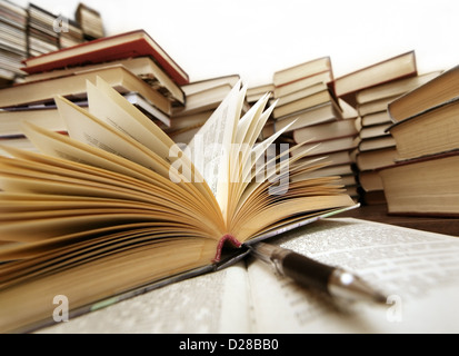 Many old books combined by a heap. Russian saying 'Knowledge - light, ignorance - darkness' Stock Photo