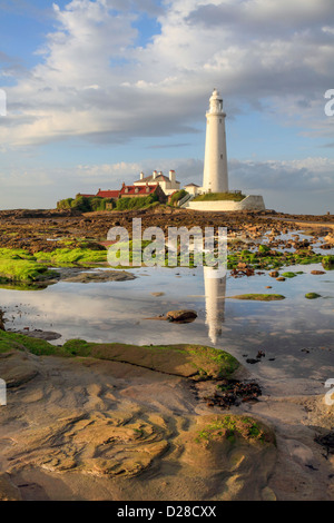 St Mary's Lighthouse near Whitley Bay on the North Tyneside Coast.  Captured at low tide during a brief spell of evening light o Stock Photo