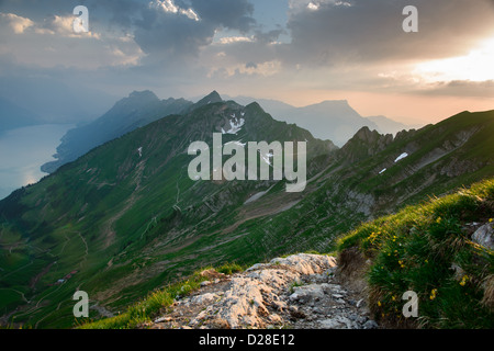 Panoramic mountain view from Brienzer Rothorn at Sunset, Berner Oberland, Switzerland Stock Photo