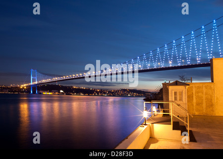ISTANBUL TURKEY - Bosphorus bridge ( Bogazici Koprusu ) on Bosphorus strait connecting Ortakoy (Europe) and Beylerbeyi (Asia) floodlit at sunset Stock Photo