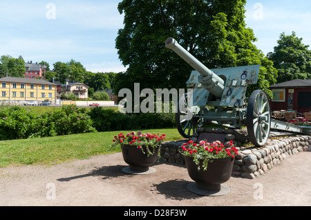 Old authentic piece of artillery which stands next to the Old Bridge in Porvoo, Finland Stock Photo