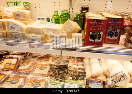 The refrigerated case in a Middle Eastern deli in Watertown, Massachusetts has a wide variety of products. Stock Photo