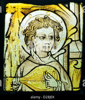 Warham St. Mary, Norfolk, 15th century Medieval angel musician stained glass window, musicians, angels, music, citern, lute Stock Photo