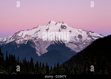 Glacier Peak at dawn, as viewed from Buck Creek Pass, Glacier Peak Wilderness, North Cascades, Washington. Stock Photo