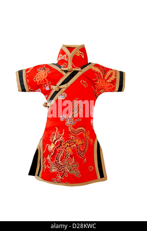 Red traditional Chinese silk dress,also called cheong-sam,isolated on white. Stock Photo