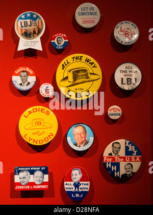 LBJ Presidential campaign buttons in an exhibit at the LBJ Museum and Presidential Library in Austin, Texas Stock Photo