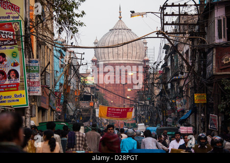 Jama Masjid or the Friday Mosque and a Busy Street in Old Delhi India Stock Photo