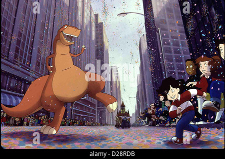 Vier Dinos In New York  We're Back! Dinosaur's Story  Rex tanzt vor einer Gruppe von Kindern, die das super finden. *** Local Stock Photo