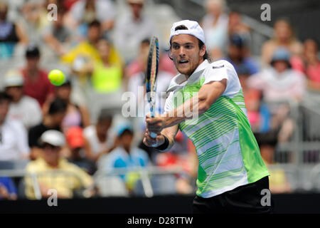 Melbourne, Australia. 17th January 2013. Joao Sousa of Portugal returns a shot in his match on day four of the Australian Open from Melbourne Park. Credit:  Action Plus Sports Images / Alamy Live News Stock Photo