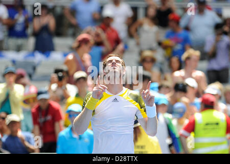 Melbourne, Australia. 17th January 2013. Andy Murray of Great Britain celebrates his win on day four of the Australian Open from Melbourne Park. Credit:  Action Plus Sports Images / Alamy Live News Stock Photo