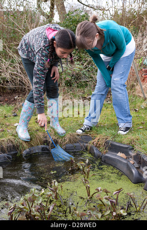 Girls looking at pondlife on allotment. Stock Photo