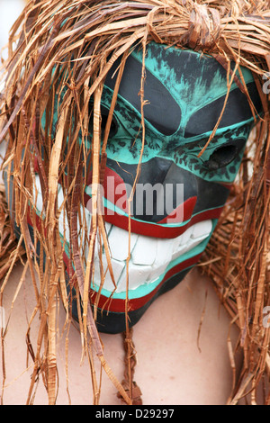 Arrival Of Canoes At Tribal Journeys Cowichan Bay, Masked Paddler (Puller), B.C., Canda Stock Photo