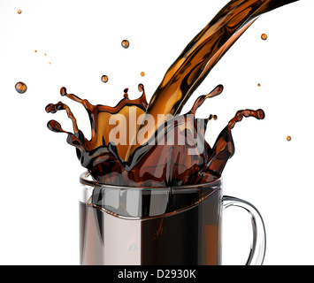 Pouring coffee splashing into a glass mug. On white background. Stock Photo