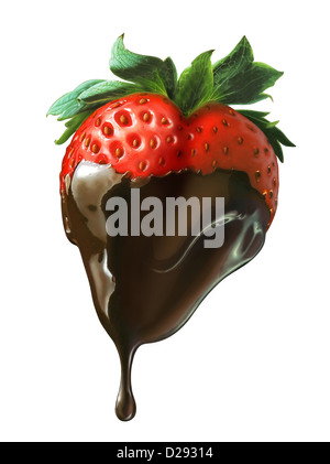 Strawberry shaped as the heart, half covered of liquid chocolate dripping. On white background with clipping path. Stock Photo