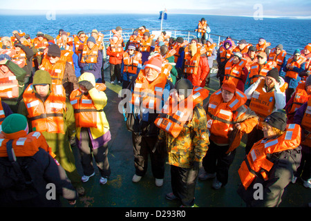 Cruise North Expedition Passengers On Lifeboat Drill Northwest Passage, Nunavut, Arctic Canada Stock Photo