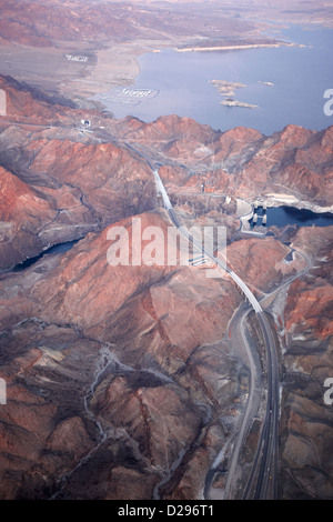flying over great basin highway bypass for the hoover dam and the arizona Nevada border on the colorado river USA Stock Photo