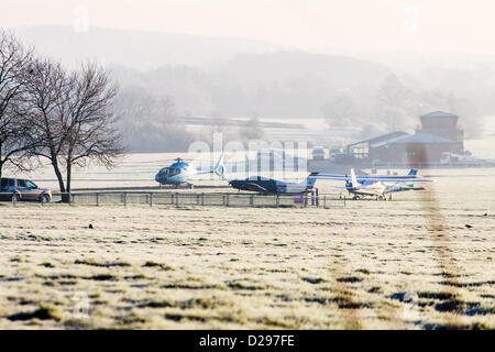 Surrey, UK. Thursday 17th January 2013.  Redhill aerodrome on a frosty misty morning the starting point for the helicopter that had the fatal crash on 16.01.13 in Vauxhall London. This airport is based about 4 miles from London Gatwick and is a regional base for Bristow helicopters as well as a number of flying school and various other small aircraft. The aerdrome uses a grass runway. Credit:  Alamy live news / MCGImages. Stock Photo