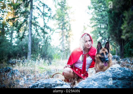 The Big Bad Wolf and Little red ridding hood in the forest Stock Photo