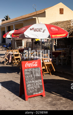 Madagascar, Morondava, chalked restaurant menu on board outside seafront cafe Stock Photo