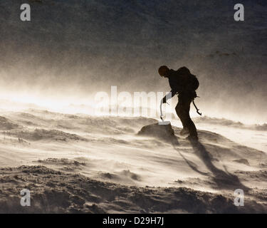 Mountain rescue member walks across hillside during harsh winter conditions in the Scottish Highlands near to Nevis range Stock Photo