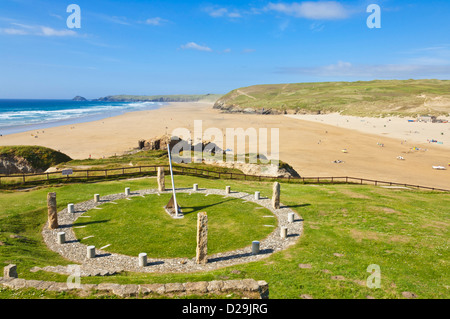 Millennium Stone Circle and Sun Dial on Droskin Head Perranporth Cornwall, England, GB, UK, Europe Stock Photo