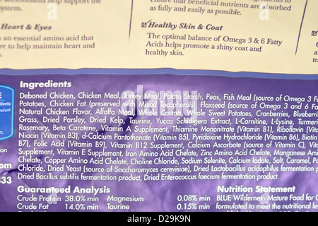 Ingredients list on package of healthy dry cat food Stock Photo