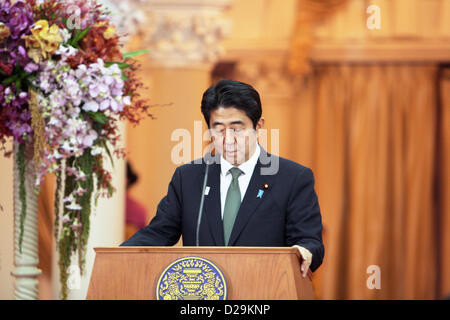 17th Jan 2013. Bangkok, Thailand. Shinzo Abe, Japan's prime minister during a press conference at Government House. Abe becomes first Japanese Prime Minister to visit Thailand in 11 years . The Japanese prime minister arrived in Thailand on Thursday.He visited Thai-Nichi Institute of Technology and was granted an audience with His Majesty the King at Her Royal Highness Princess Galyani Vadhana Auditorium at Siriraj Hospital before holding talks with Ms Yingluck at Government House. Stock Photo