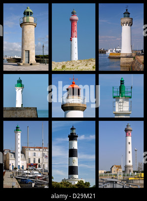 Nine photos mosaic of lighthouses in France Stock Photo