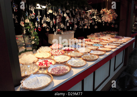 View of goods and stalls at the Christmas markets in Cologne City, North Rhine-Westphalia, Germany, Europe Stock Photo