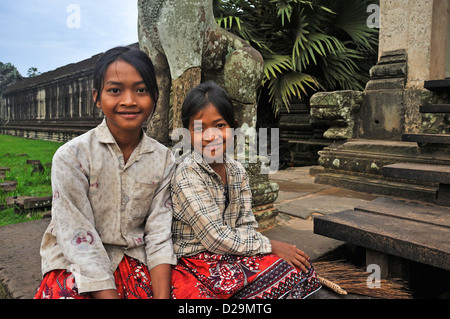 Two young cambodian girls, Angkor Wat, Cambodia Stock Photo