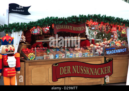 View of goods and stalls at the Christmas markets in Cologne City, North Rhine-Westphalia, Germany, Europe Stock Photo