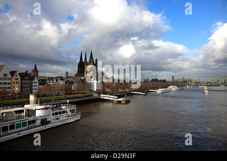 Cruise ships along the river Rhein, Cologne City, North Rhine-Westphalia, Germany, Europe Stock Photo