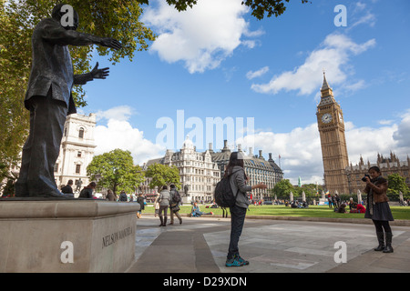 Statue of Nelson Mandela in Parliament Square, London. It was created by sculptor Ian Walters and unveiled on 29 August 2007. Stock Photo