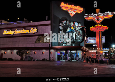 Harley Davidson motorcycle cafe on Las Vegas Blvd. at night-Las Vegas, Nevada, USA. Stock Photo