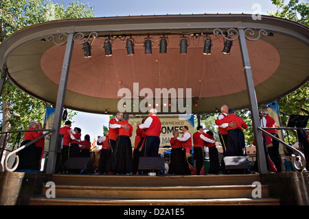 Members of La Sociedad Colonial Espanola de Santa Fe perform on the Plaza Stage during Spanish Market Stock Photo