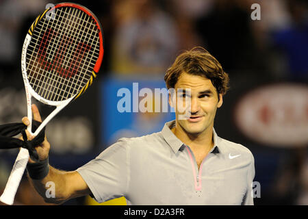 Melbourne, Australia. 17th January 2013. Roger Federer of Switzerland celebrates his win on day four of the Australian Open from Melbourne Park. Credit:  Action Plus Sports Images / Alamy Live News Stock Photo