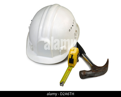 isolated old hard hat with used tools Stock Photo
